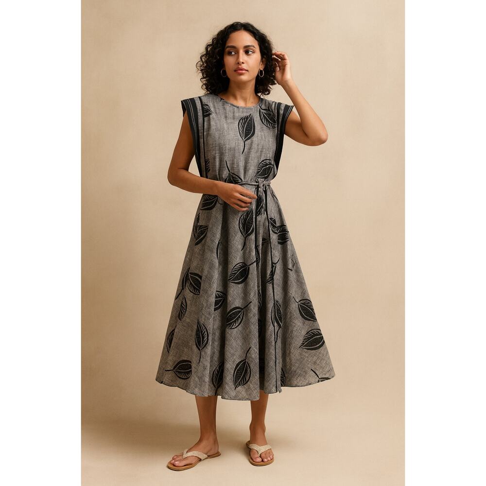 Vintage Choon Gray Leaf Print Dress Full Circle Boho Midi XS